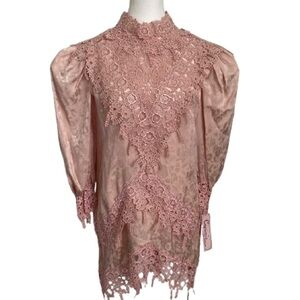 Elegant Vintage Lace Mini Dress in Blush Pink 100 Silk
